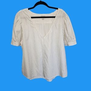NWT HINGE STRIPED PUFF SS V-NECK BUTTON DOWN METALLIC TOP-SIZE XL